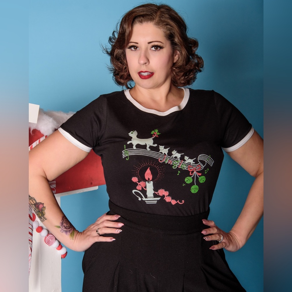 Jingle Cats Fitted Ringer T-shirt in Black/White
